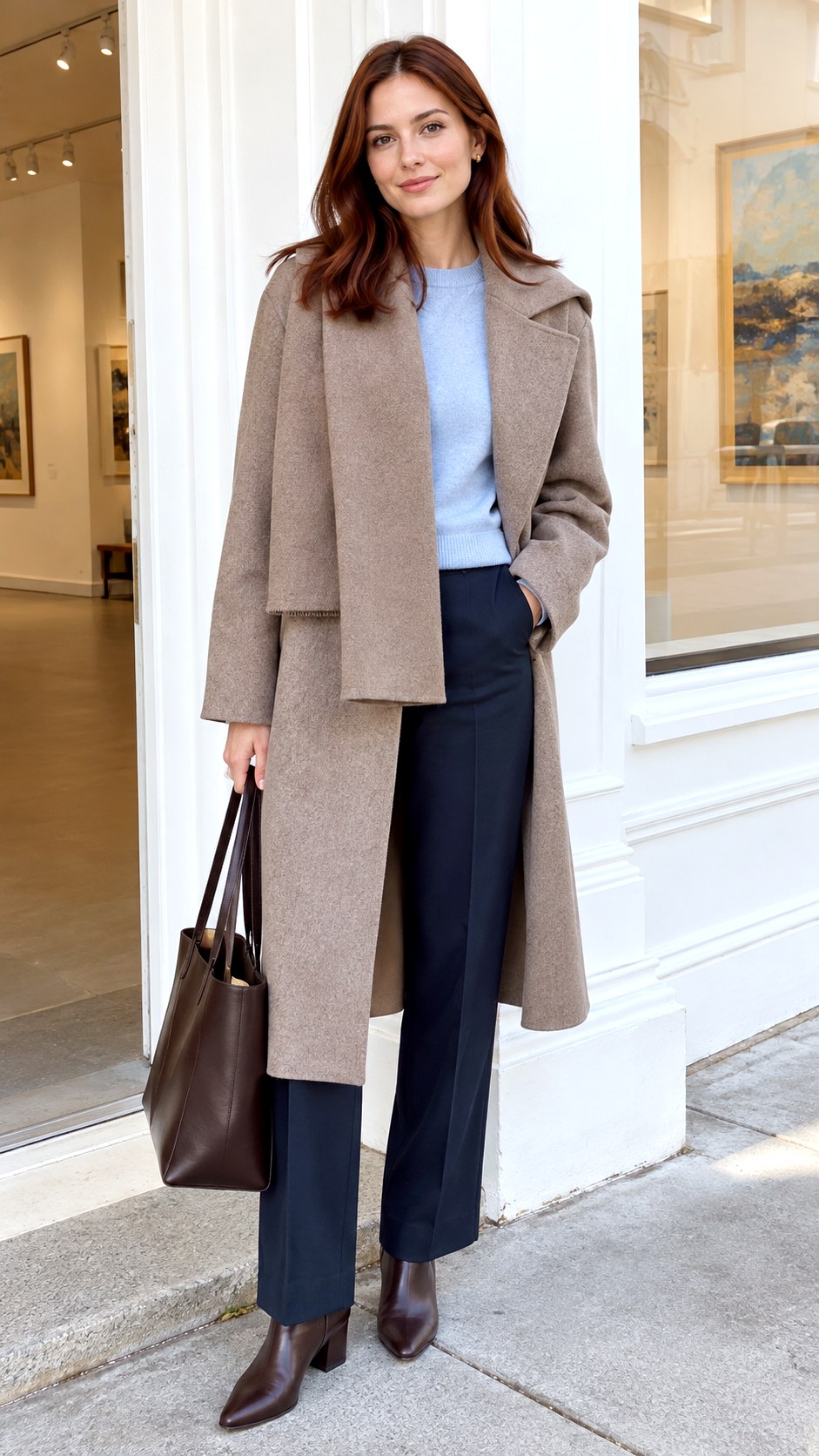 Taupe Scarf Coat With Navy Trousers - 20 2026 autumn outfits
