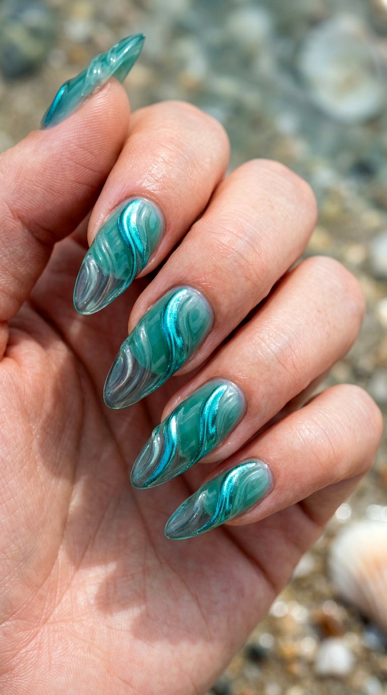 Teal Green Ripple Chrome Nails - 23 3d green ripple nail art inspiration ideas