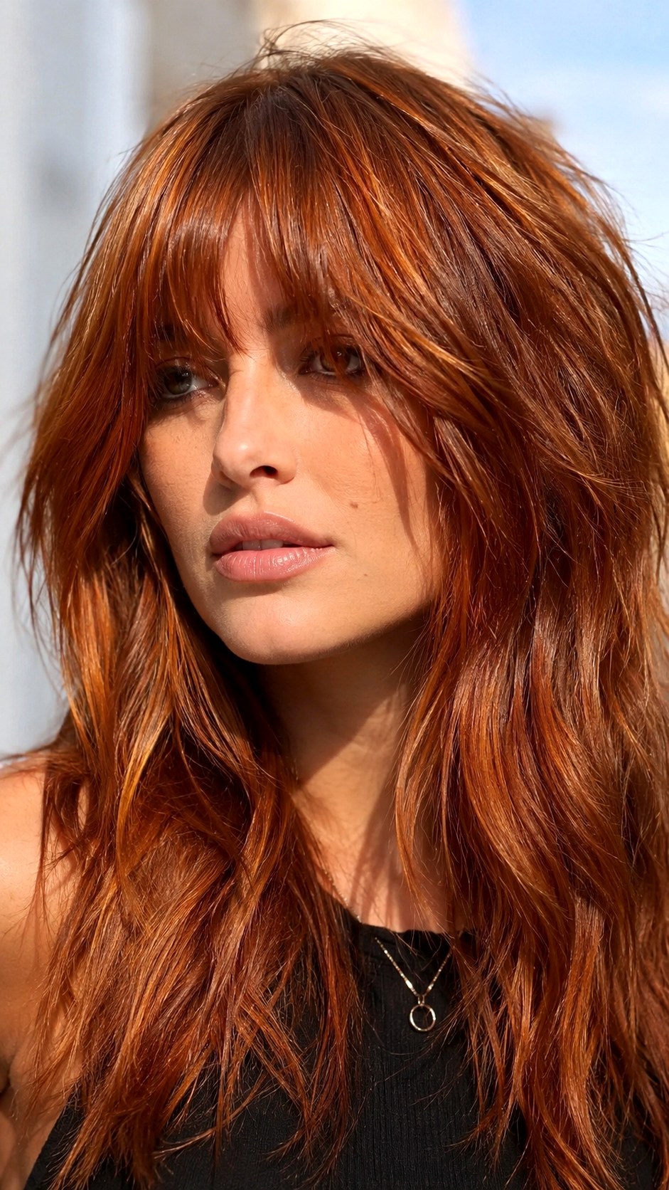 Textured Copper Penny Shaggy Layers long curtain bangs - 22 Long Curtain Bangs Ideas