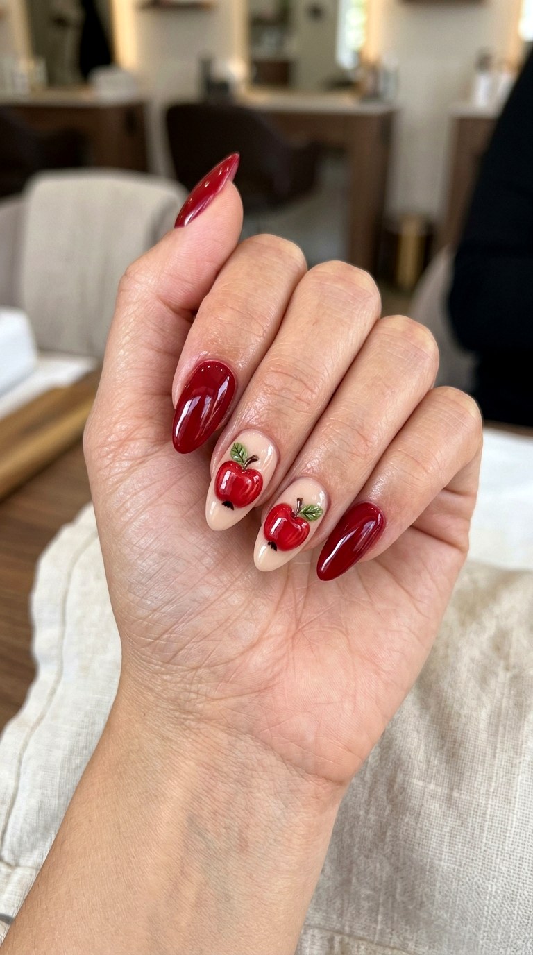 Three Dimensional Apple Accents - 20 apple whimsical nail design ideas