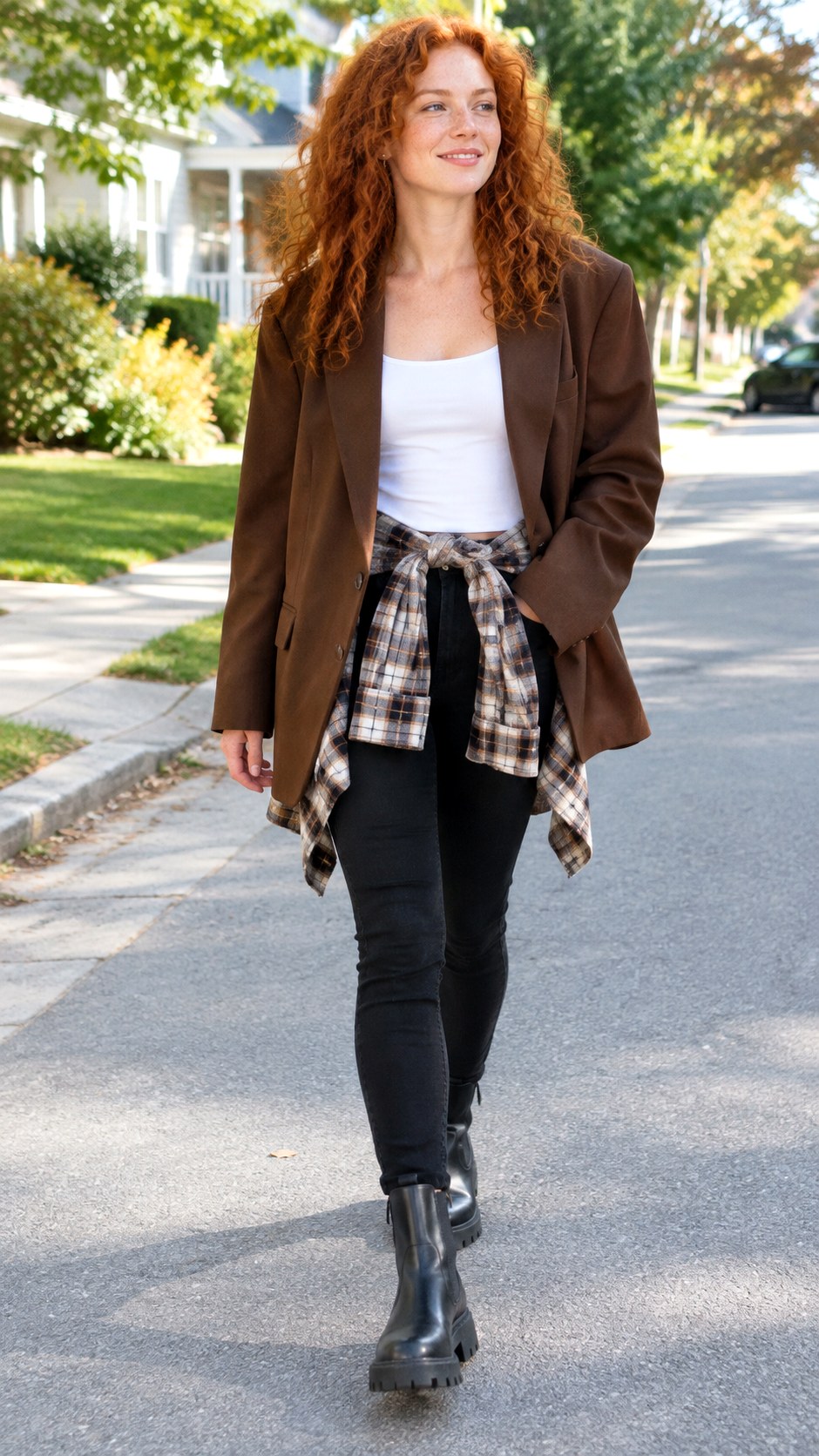 Tied Flannel Shirt and Black Skinnies - 23 brown blazer outfits for women ideas