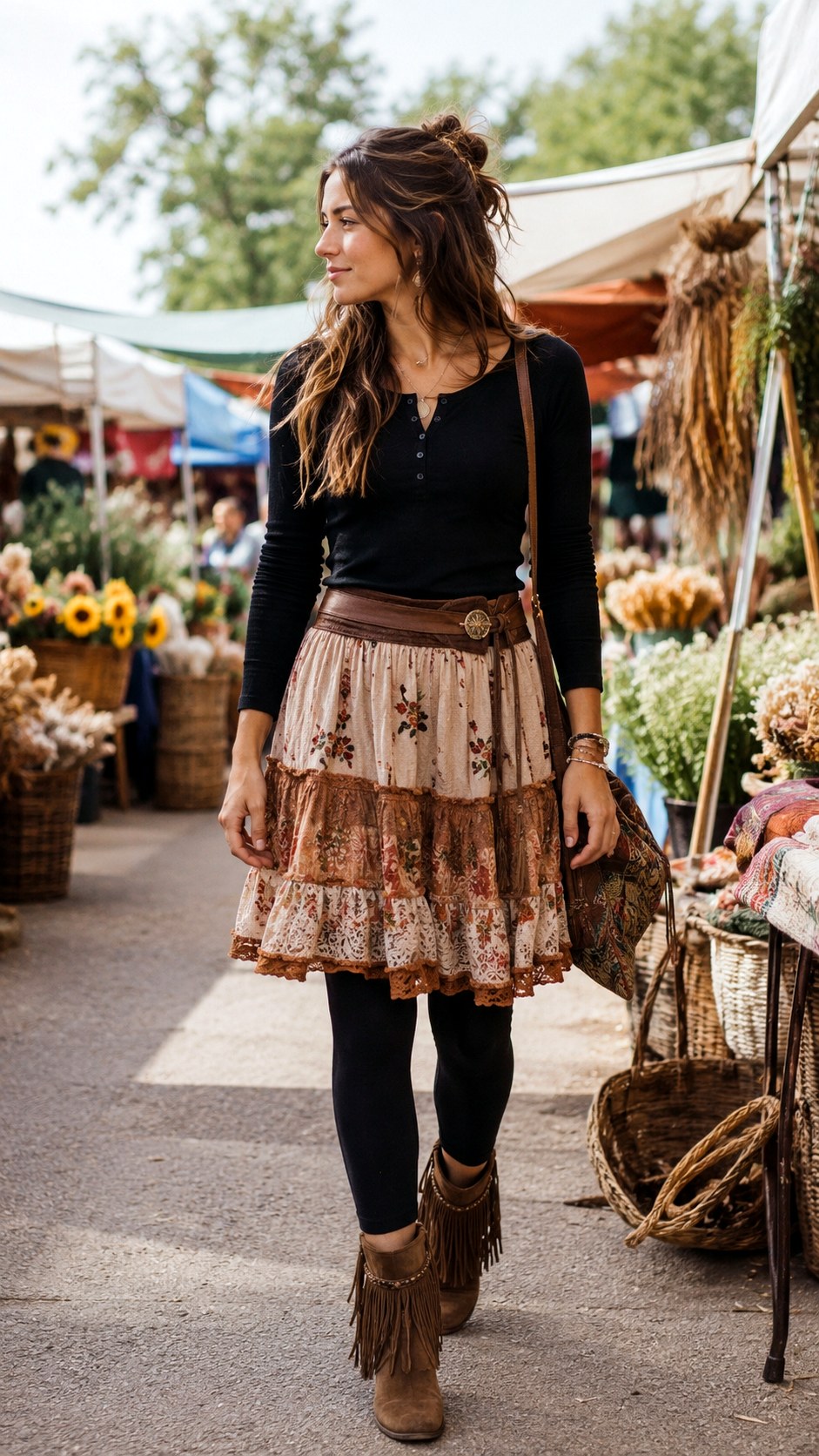 Tiered Boho Skirt with Basic Black Leggings - 22 Skirt with Leggings Outfit Ideas