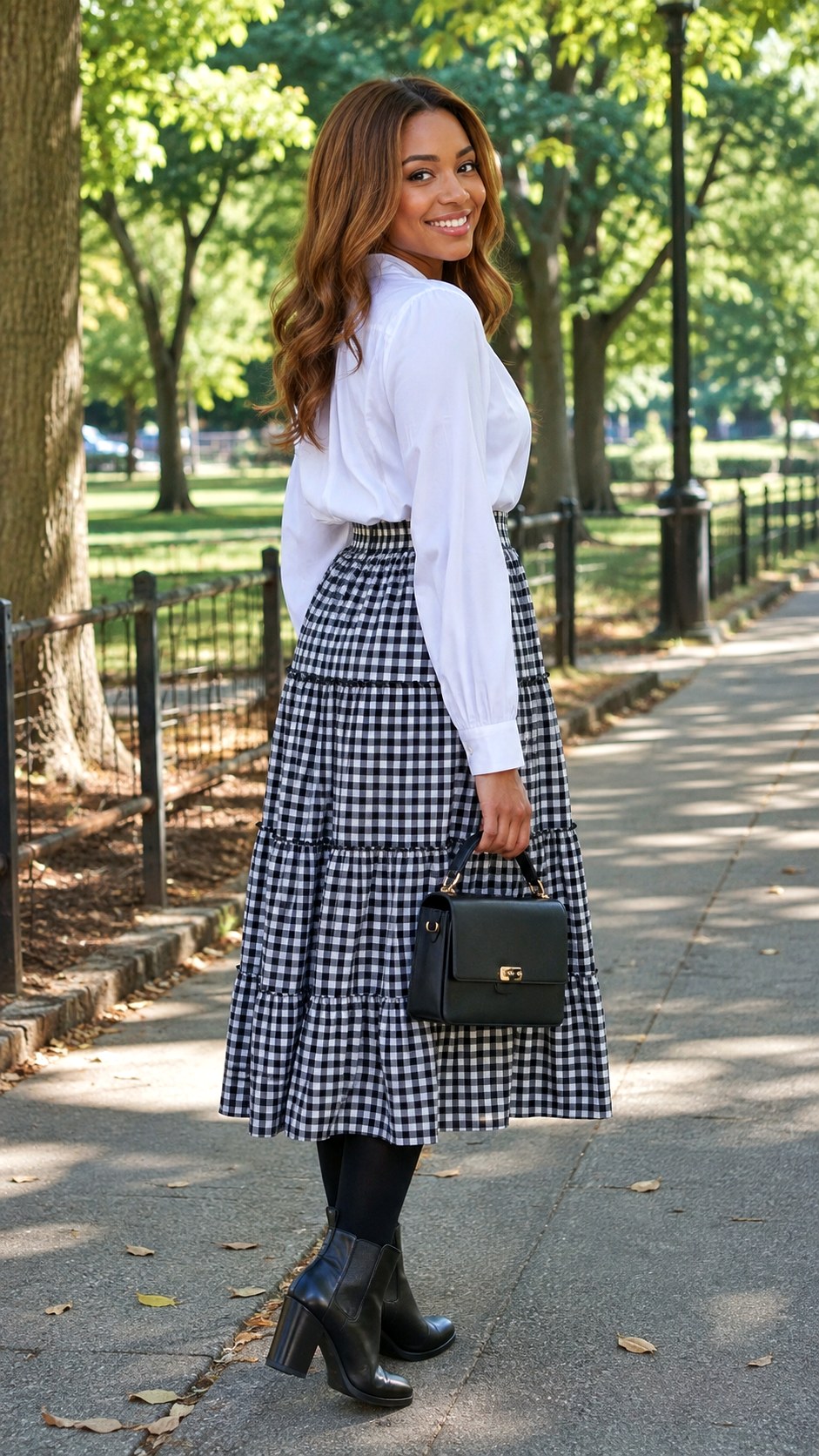 Tiered Gingham Skirt with Black Leggings - 25 Skirt with Black Leggings Ideas
