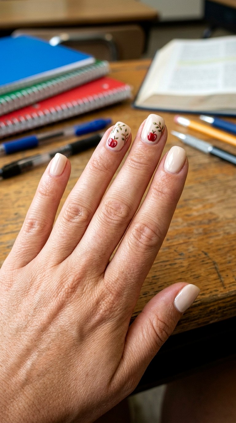 Tiny Apple Accent Manicure - 23 back to school nail art inspiration ideas