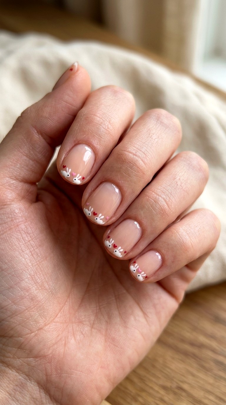 Tiny Bunny Heart Tips - 25 sweet heart bunny nails idea