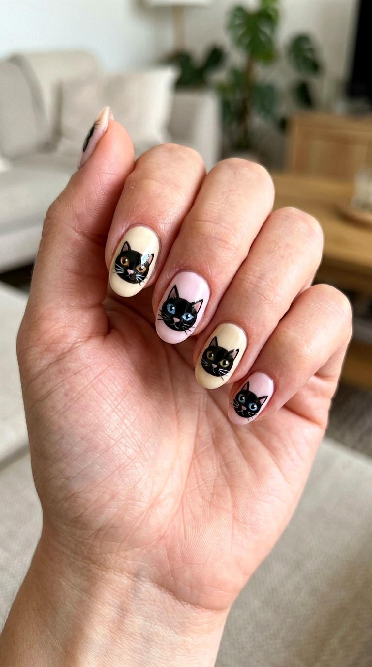 Tiny Cat Face Manicure Nails - 23 black cat short nail design ideas