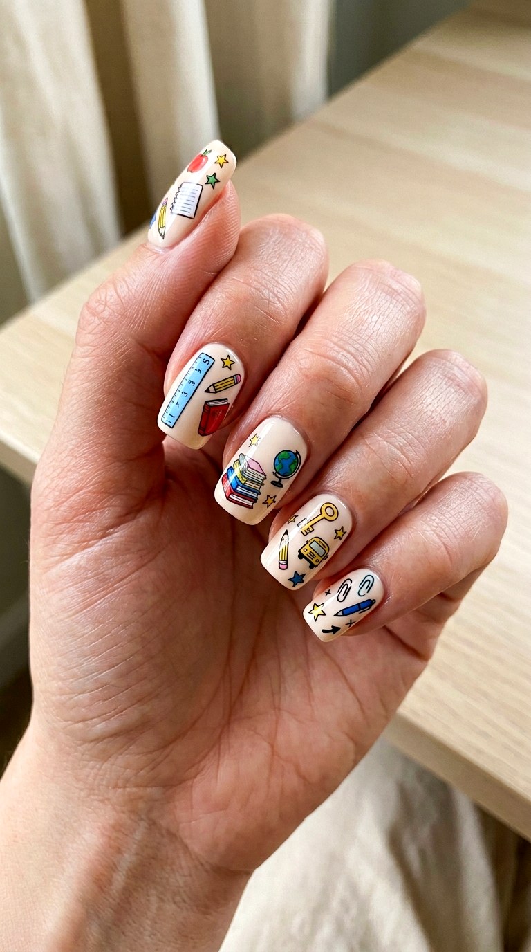 Tiny School Supply Doodles - 23 cute back to school nail ideas