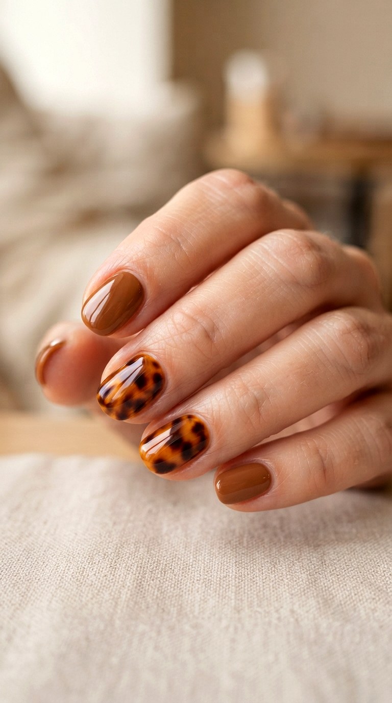 Tortoiseshell Accent Oval Nails - 24 oval short nail ideas