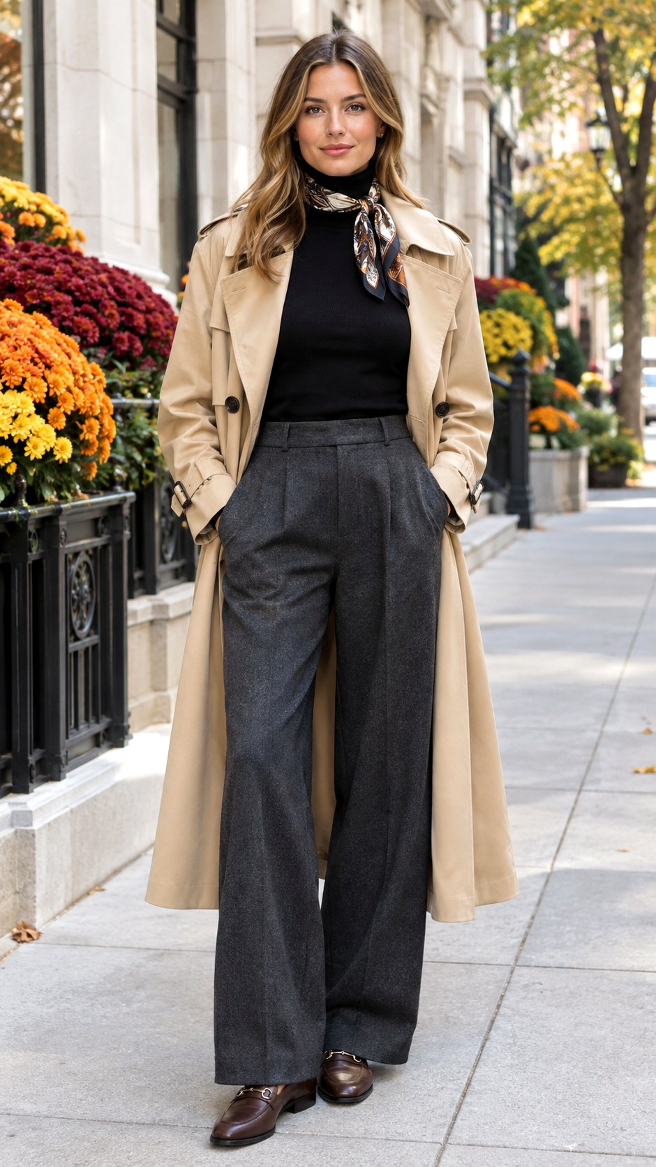 Trench Coat Over Wide Leg Trousers - 20 casual fall outfit look ideas