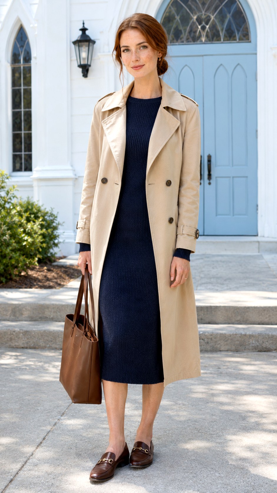 Trench Coat With Navy Knit Dress - 20 fall church outfit ideas