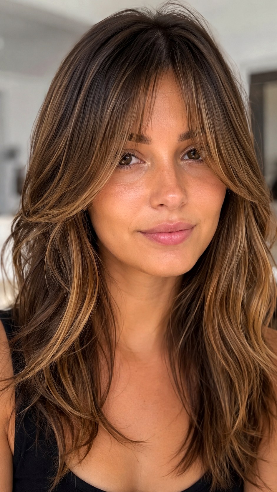 Trendy Mocha Swirl Caramel Balayage - 24 Wispy Curtain Bangs Long Hair Ideas