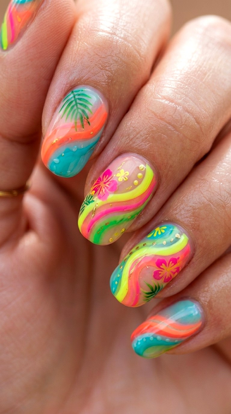 Tropical Neon Wave Nails - 25 brigh spring funky nail ideas