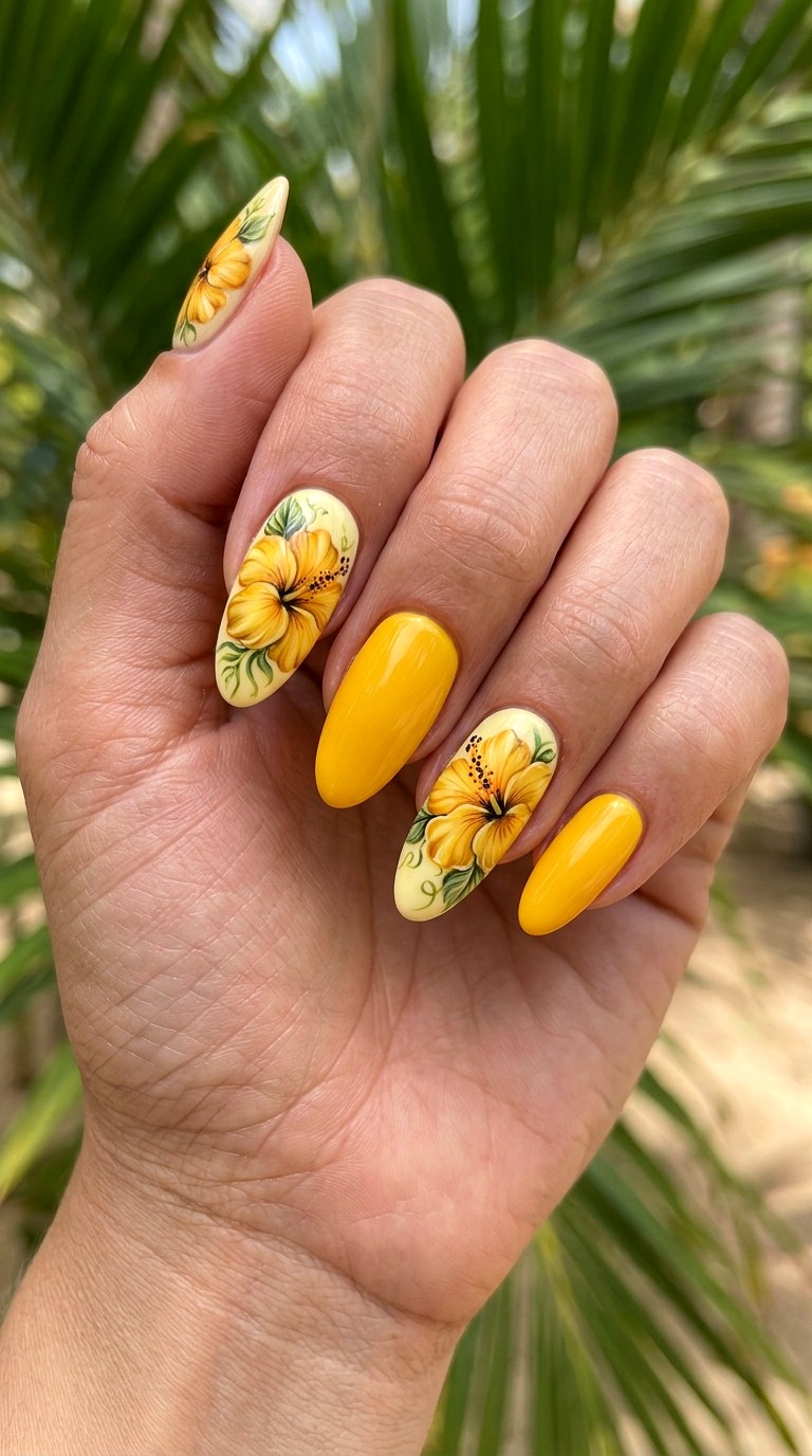 Tropical Yellow Hibiscus - 21 dreamy yellow floral summer nail ideas