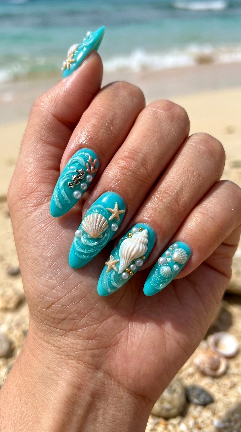 Turquoise D Shell Paradise Nails - 20 3D Ocean nails idea