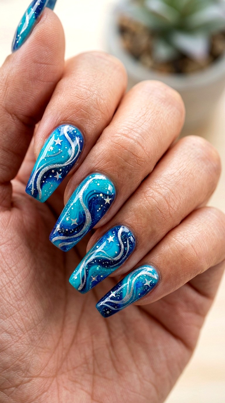 Turquoise Cosmic Wave Swirls - 25 magical starry swirl nail ideas