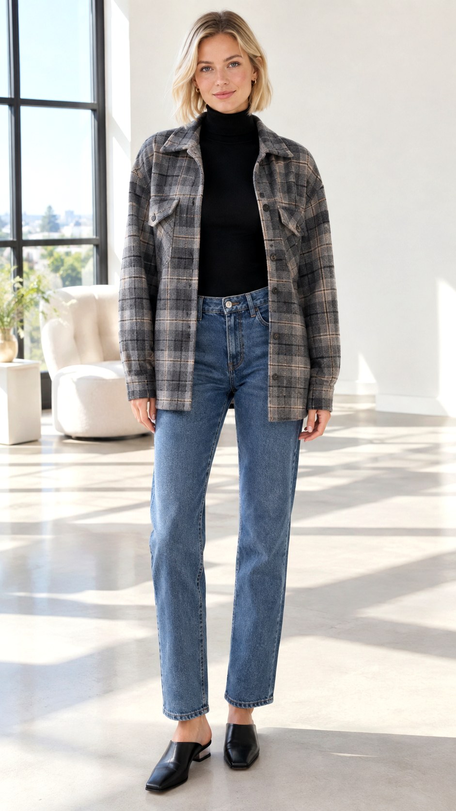 Turtleneck Bodysuit and Straight Denim - 23 shacket outfit women look ideas