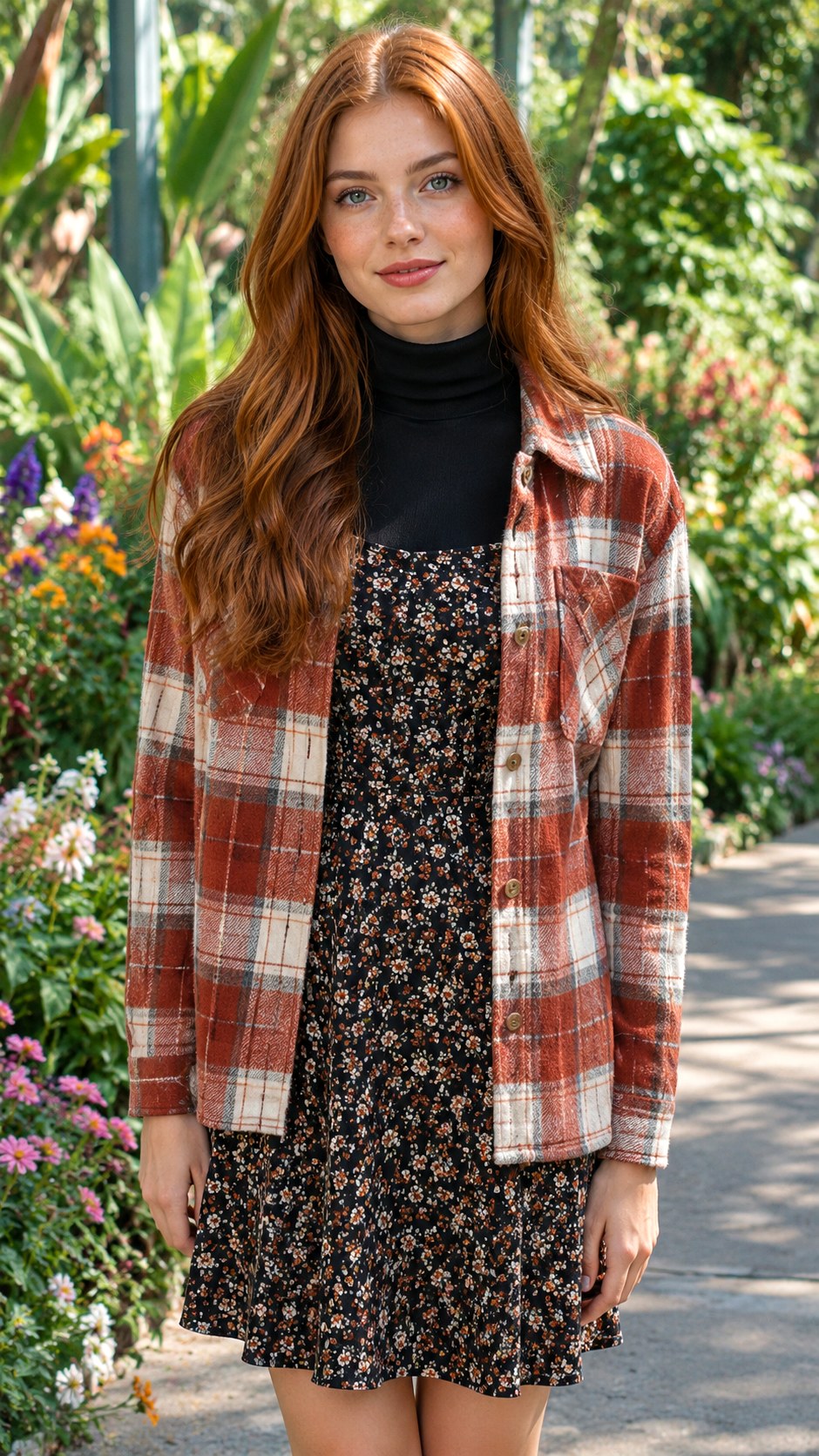 Turtleneck Layered Over Floral Dress With Plaid Shacket - 23 plaid shacket outfit women ideas