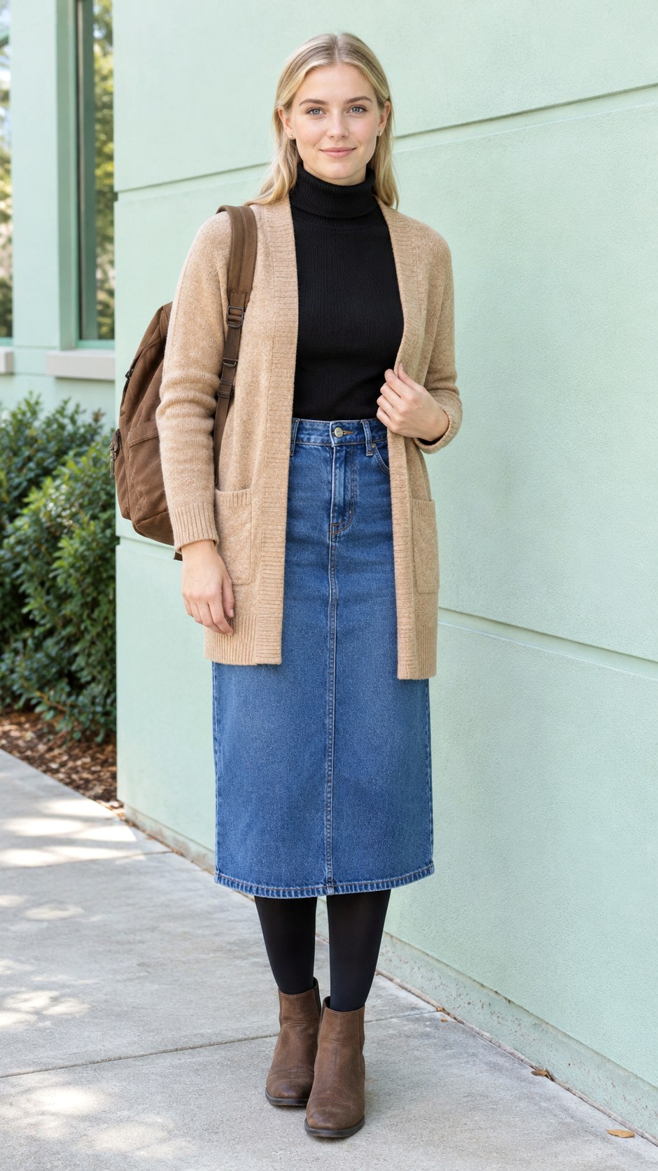 Turtleneck With Denim Midi Skirt - 20 fall outfits for school