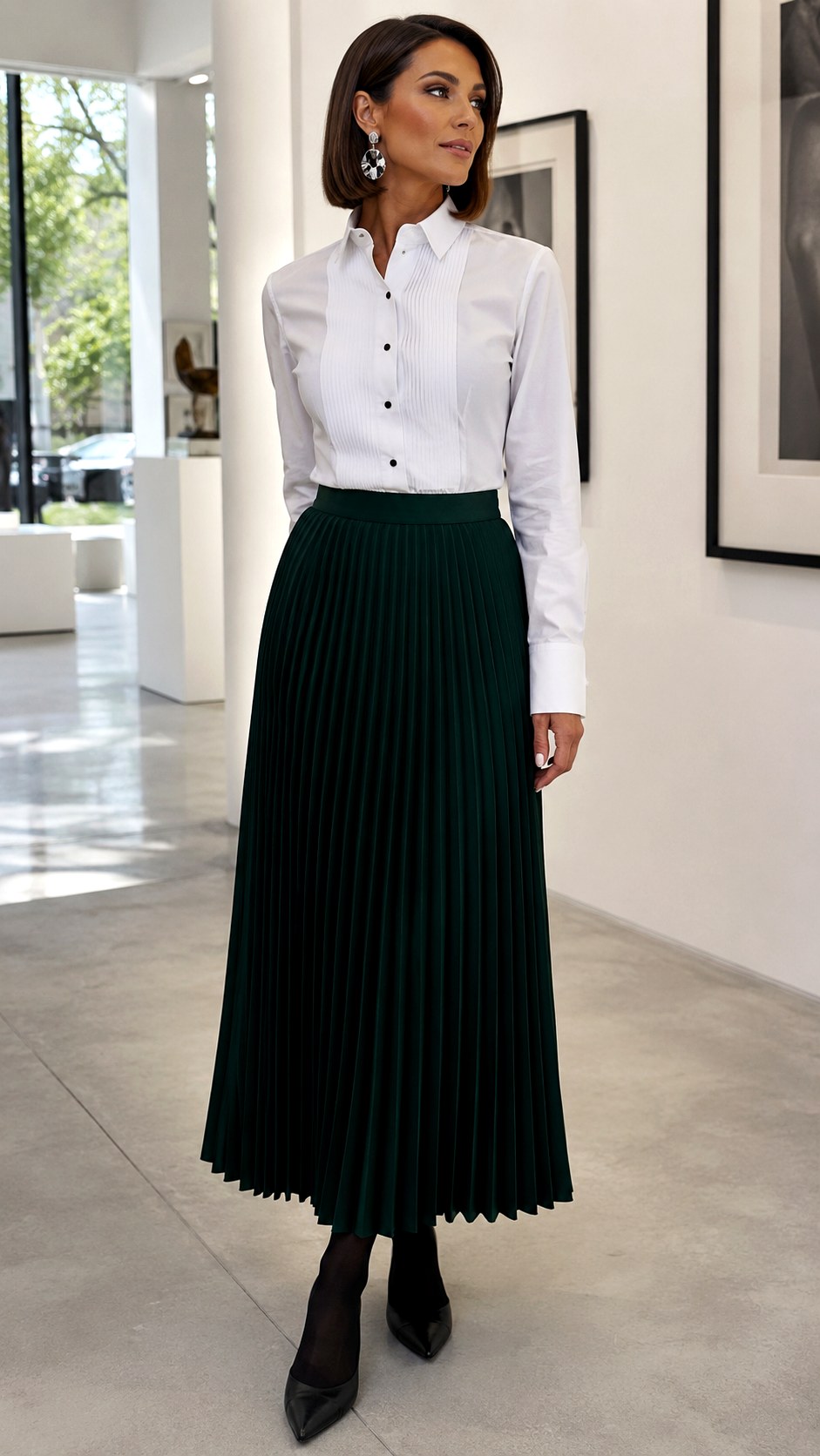 Tuxedo Shirt and Pleated Maxi Skirt with Tights - 23 Skirt with Tights Outfit Ideas