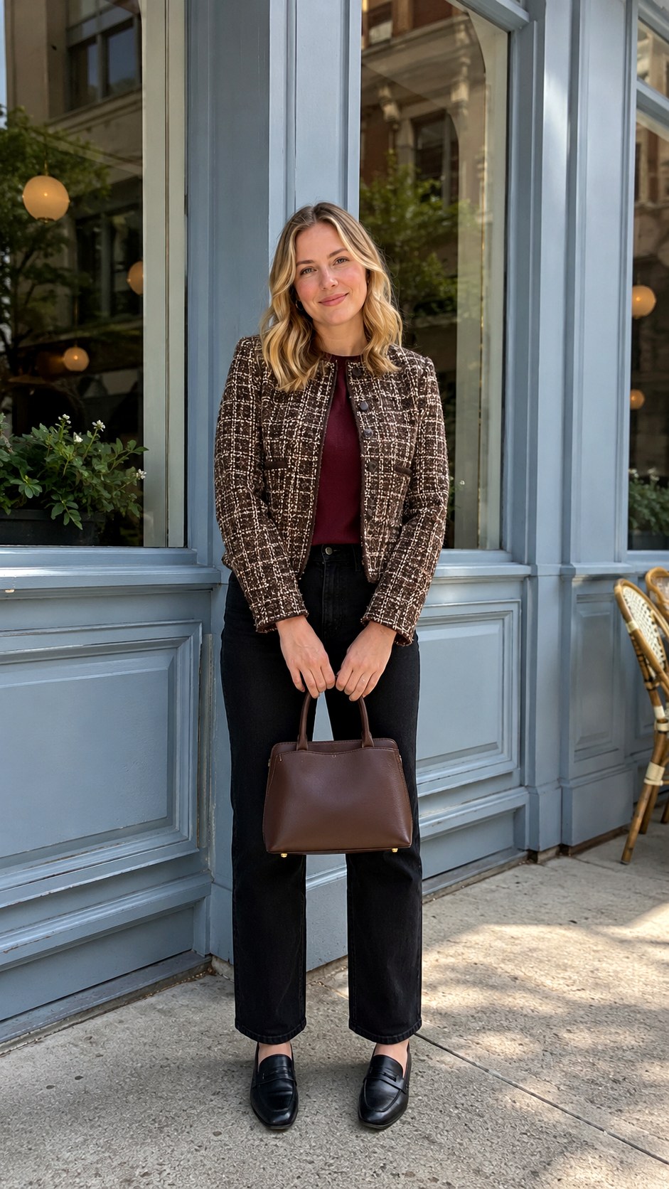 Tweed Jacket With Black Straight Leg Jeans - 20 autumn aesthetic outfit ideas