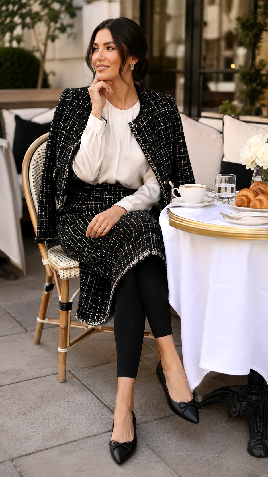 Tweed Midi Skirt with Opaque Footless Leggings - 22 Skirt with Leggings Outfit Ideas