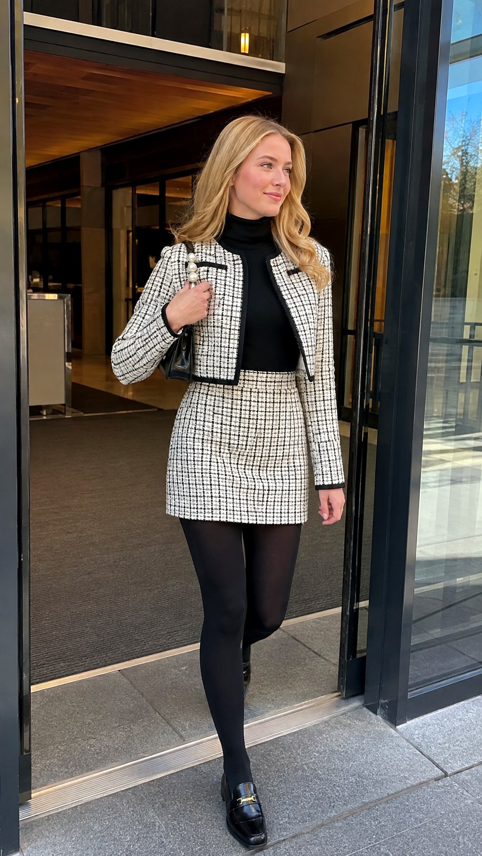 Tweed Mini Skirt with Black Leggings - 25 Skirt with Black Leggings Ideas