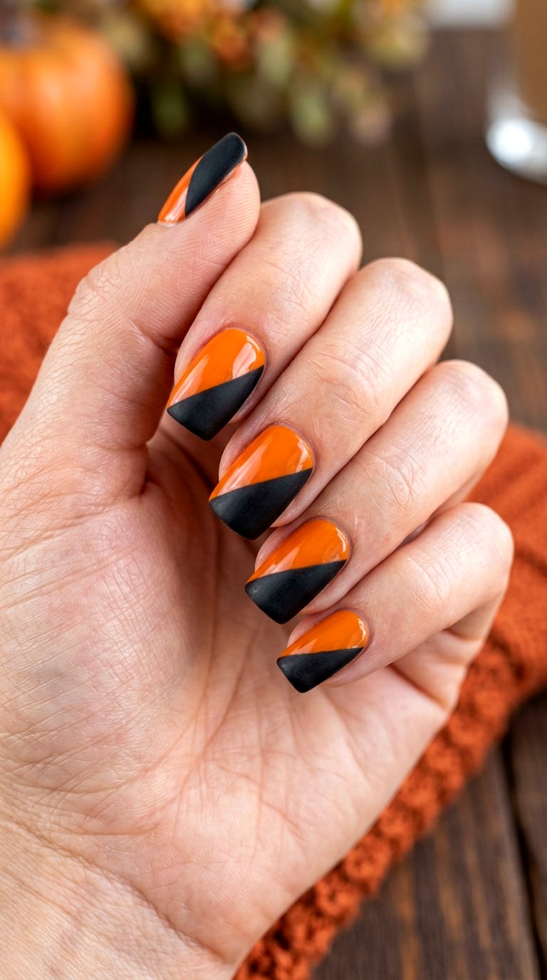 Two Tone Halloween Block Nails - 23 simple halloween nail design ideas