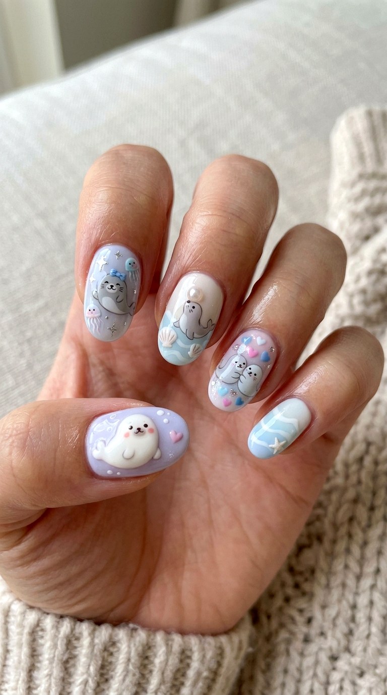 Ultimate Little Seal Mix Nails - 22 little seals cute kawaii nail ideas