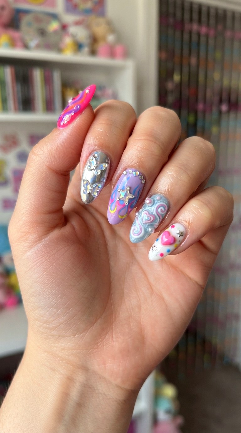 Ultimate Retro YK Almond Mix - 22 retro Y2K almond nail ideas