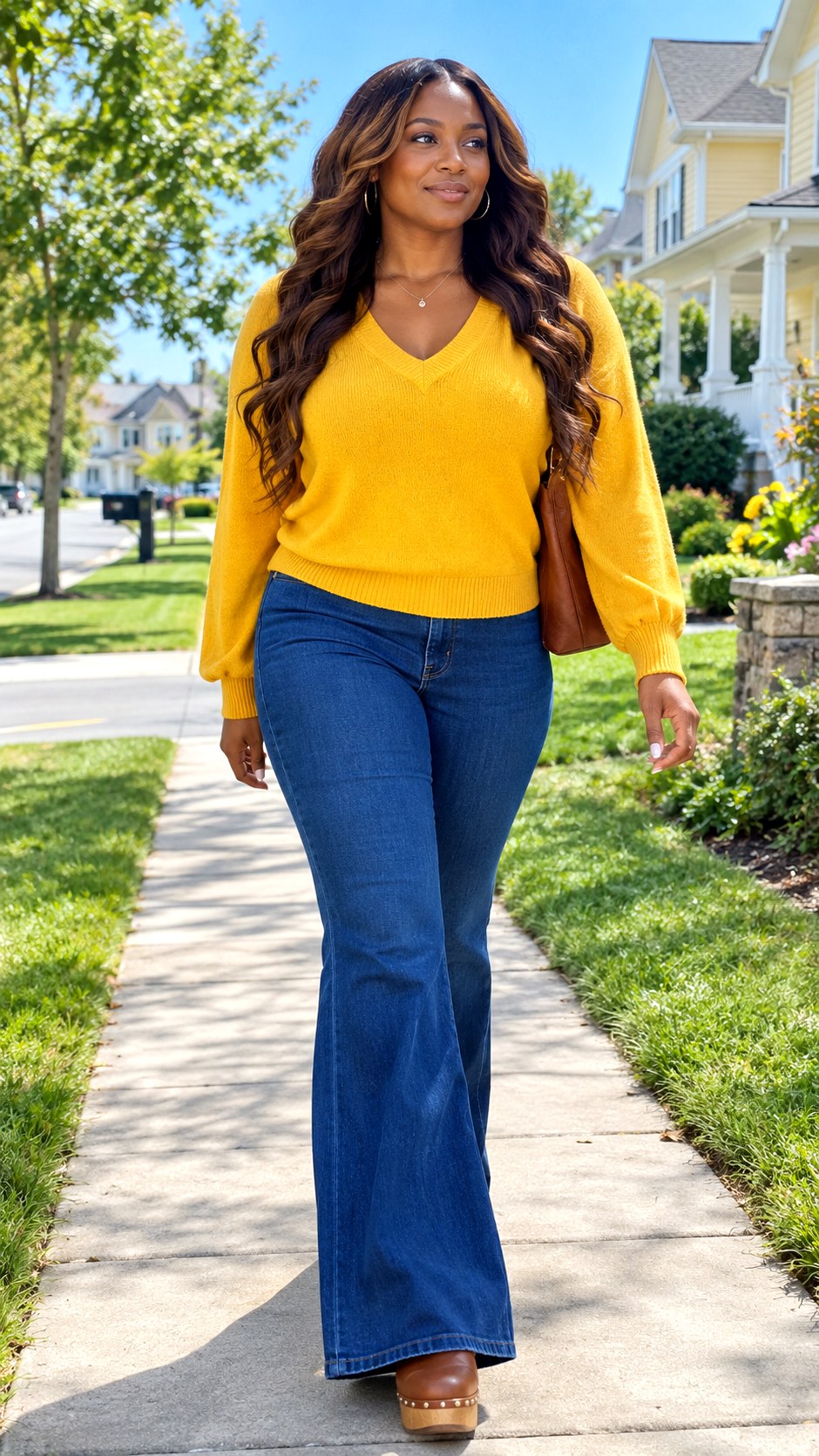V Neck Pullover and Bell Bottom Jeans - 24 sweater and jeans outfit ideas