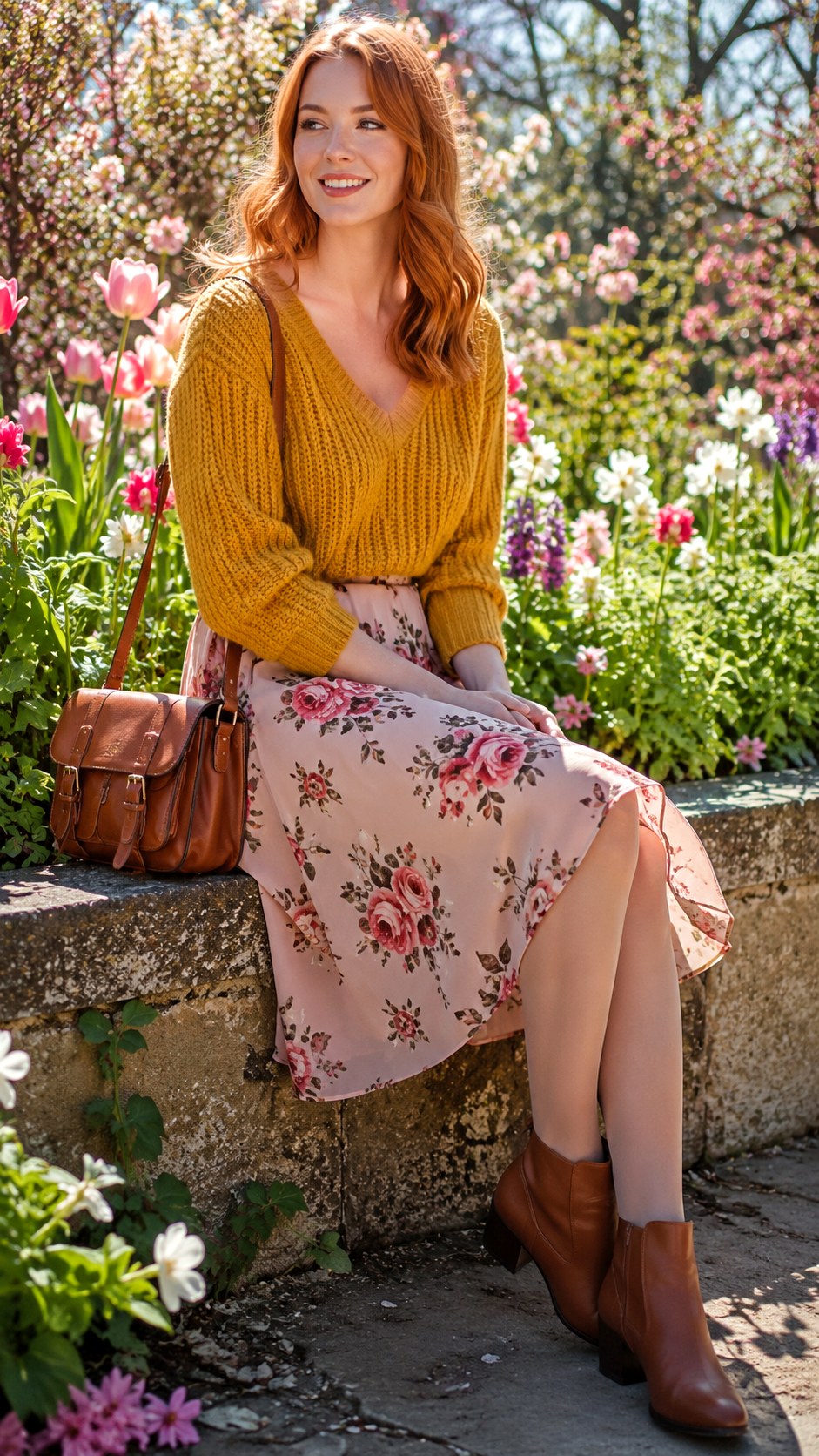 V Neck Sweater and Floral Skirt with Tights - 23 Skirt with Tights Outfit Ideas