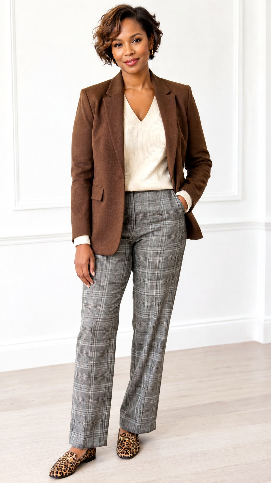 V Neck Sweater and Grey Plaid Suit - 23 brown blazer outfits for women ideas