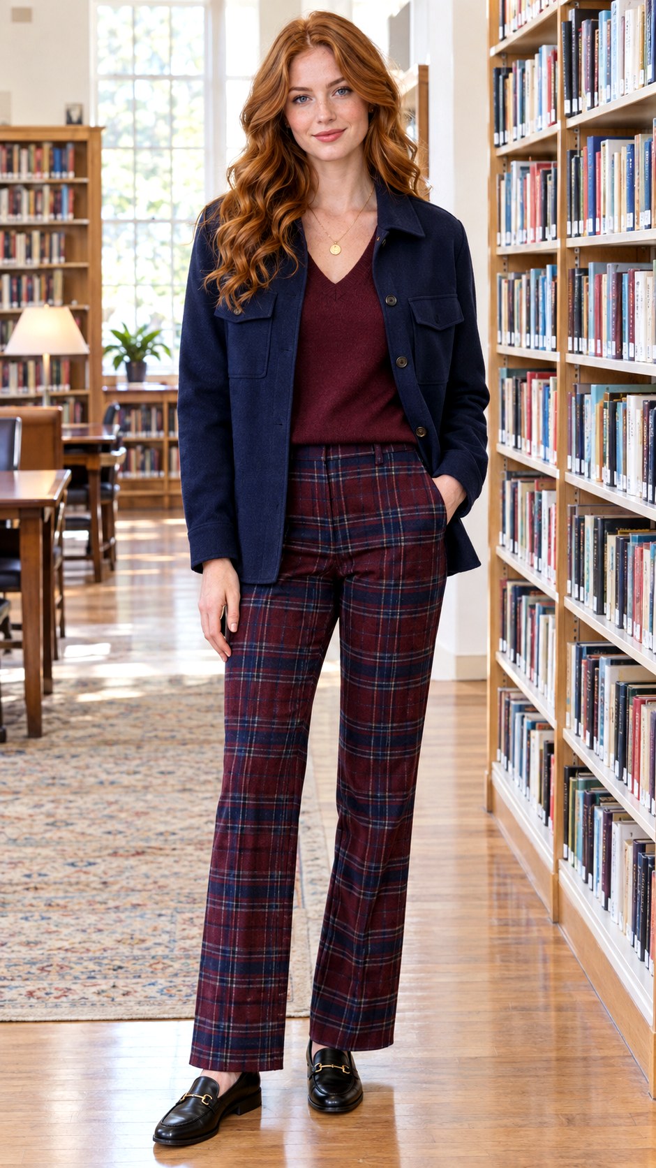 V Neck Sweater and Plaid Trousers - 23 shacket outfit women look ideas