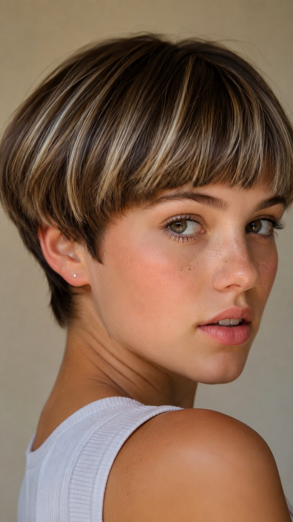 Vanilla Babylights on Bowl Cut - 24 short hair highlights ideas