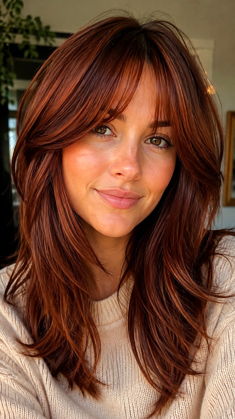 Velvet Auburn Mid Length Bangs long curtain bangs - 22 Long Curtain Bangs Ideas