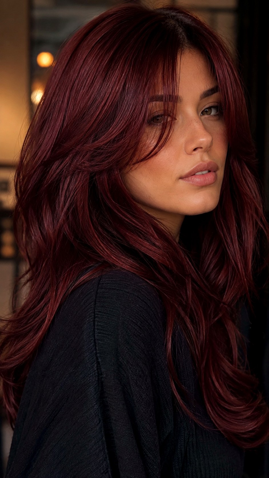 Velvety Burgundy Long Layers - 25 Long Layers with Curtain Bangs Ideas