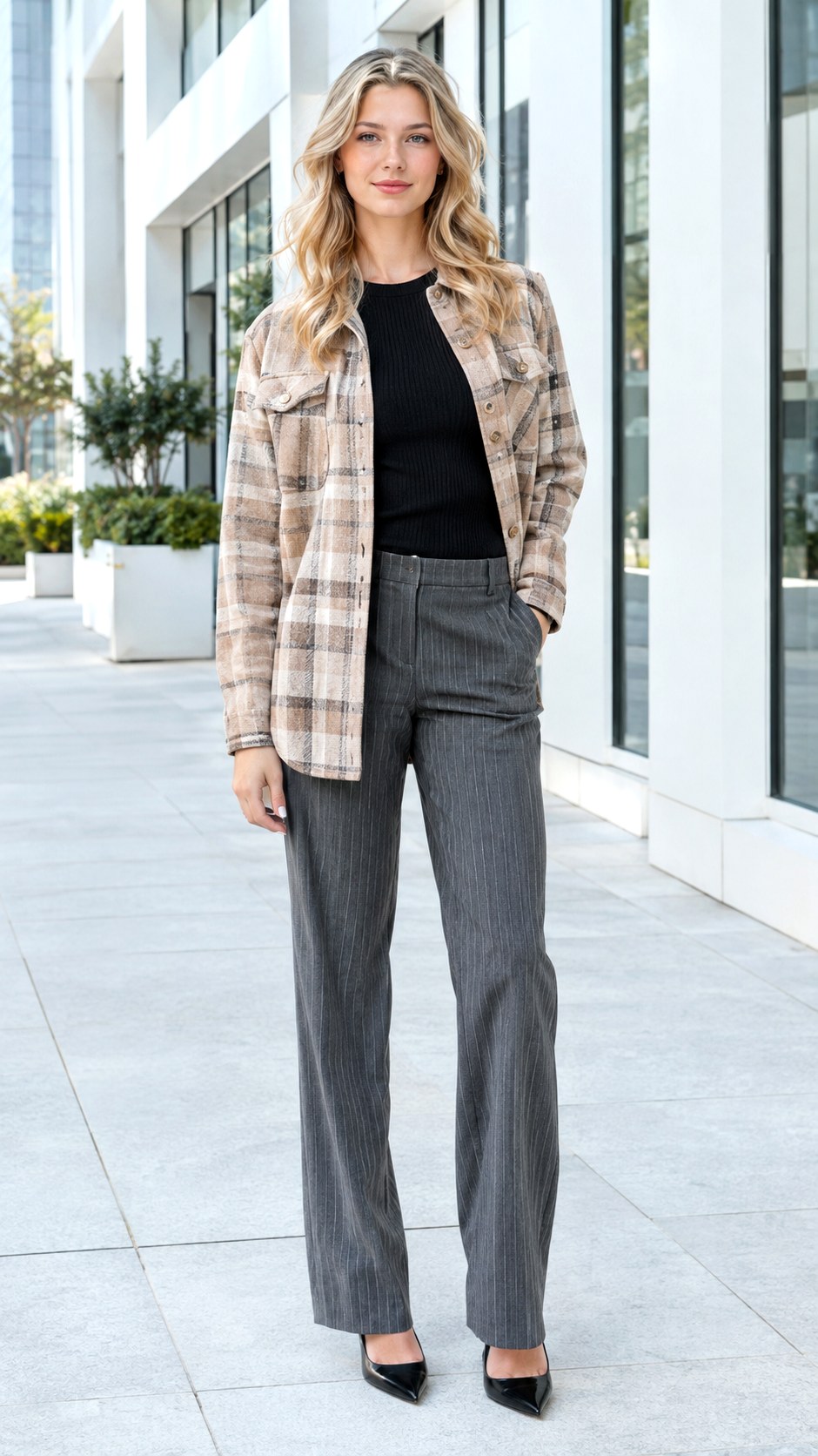 Vertical Stripe Trousers And Knit Top - 24 check shacket outfit ideas