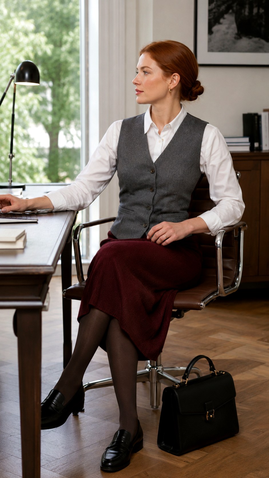 Vests and Sweater Midi Skirt with Tights - 23 Skirt with Tights Outfit Ideas