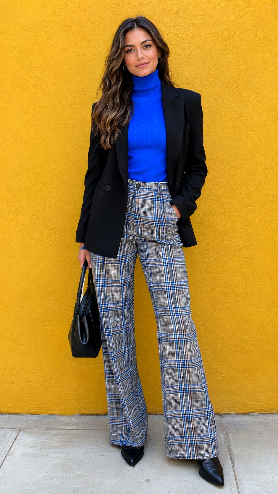 Vibrant Turtleneck and Plaid Pants With Black Blazer - 22 black blazer outfit ideas