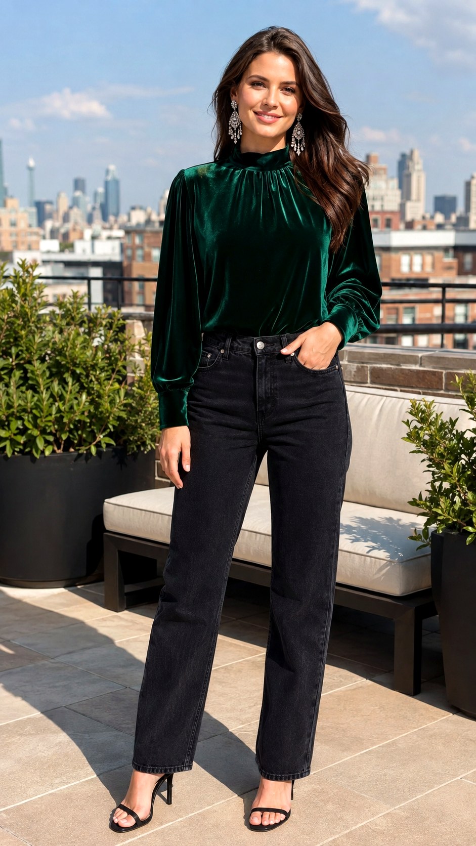 Vibrant Velvet Top Black Washed Jeans - 20 Black Washed Jeans outfit Ideas