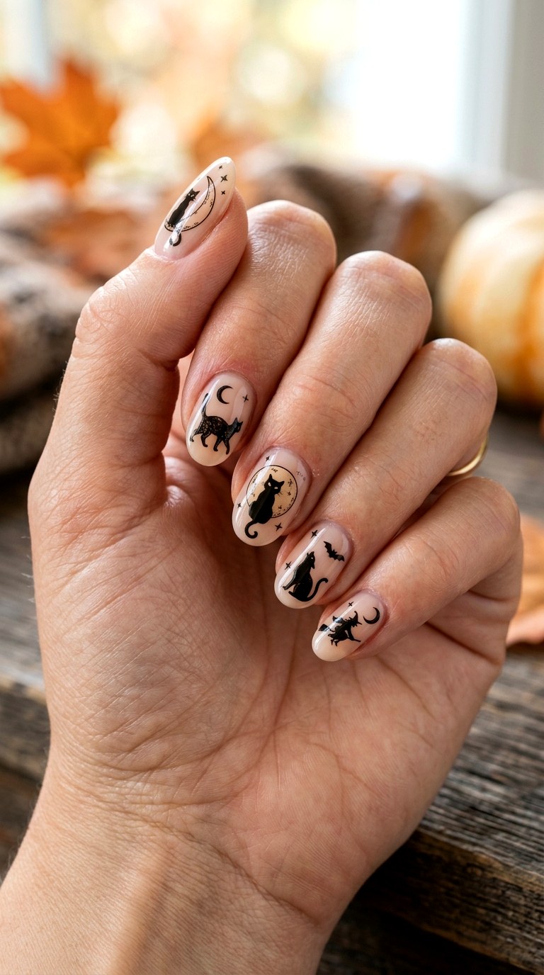 Vintage Halloween Decal Nails - 25 short halloween nail ideas