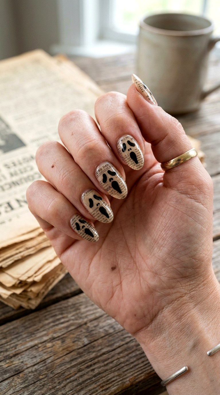 Vintage Newspaper Ghost Face Nails - 22 ghost face nail ideas