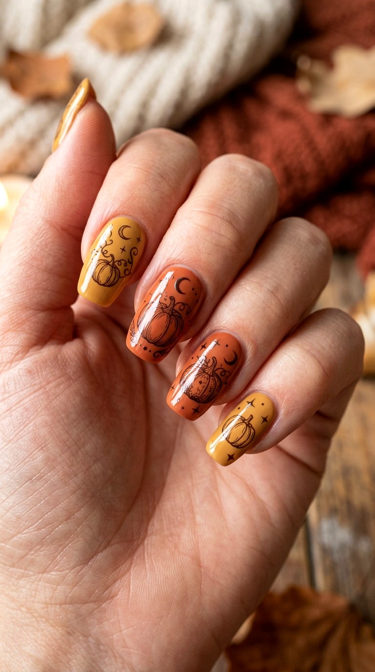 Vintage Pumpkin Halloween Nails - 20 halloween nail art ideas