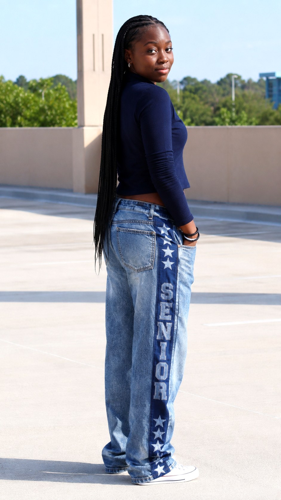 Vintage Wash Denim With Side Stripes - 25 varsity font stenciled senior pants