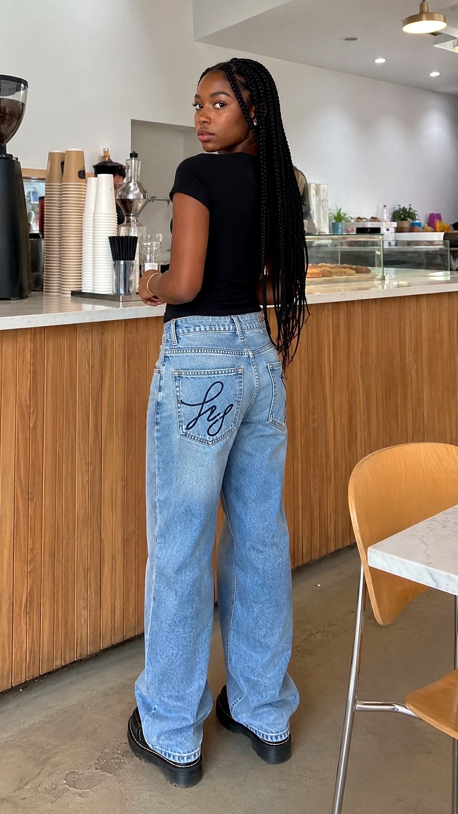 Vintage Wide Leg Pocket Script Jeans - 21 black pocket script font denim