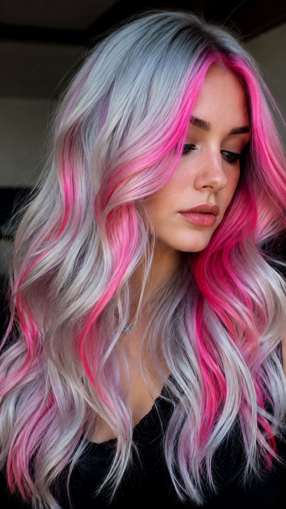 Vivid Hot Pink Highlights on Silver - 25 hot pink hair color highlights ideas