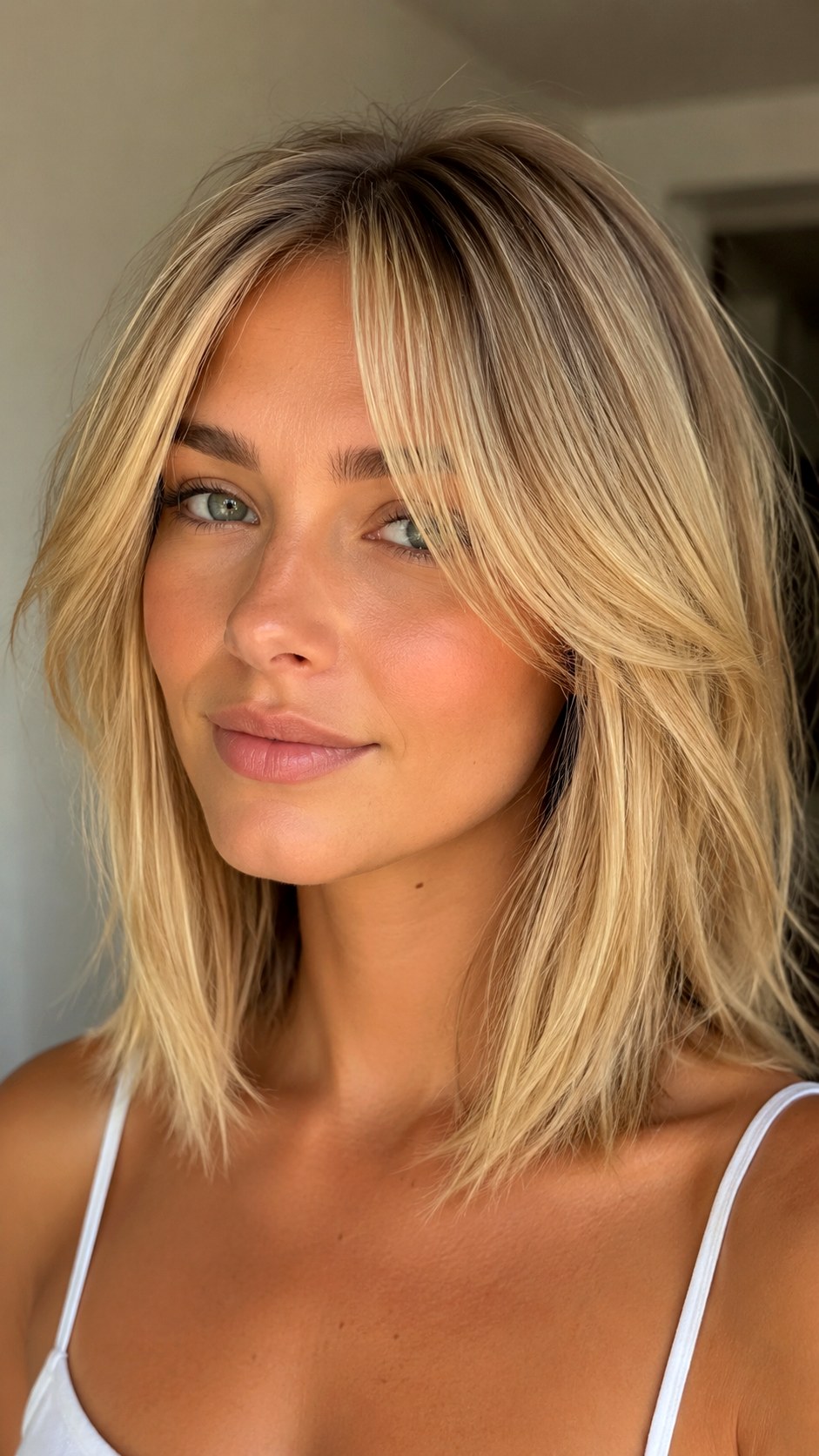 Warm Beige Blonde Blunt Bangs long curtain bangs - 22 Long Curtain Bangs Ideas