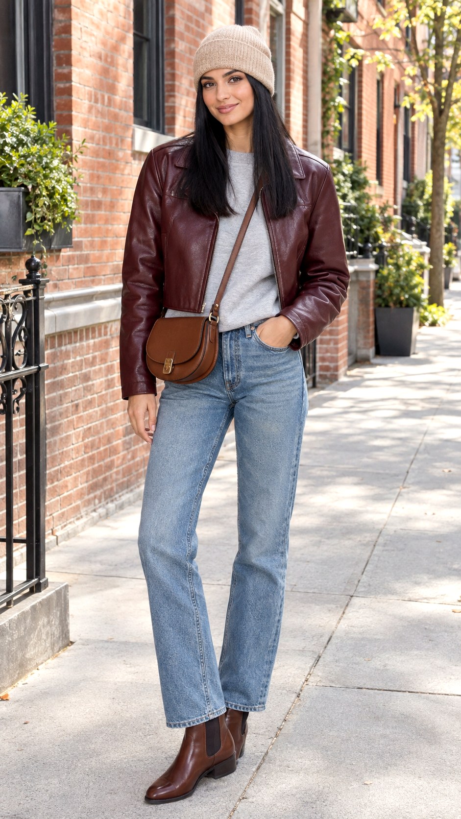 Warm Burgundy Leather Jacket Outfit - 23 soft autumn outfit ideas