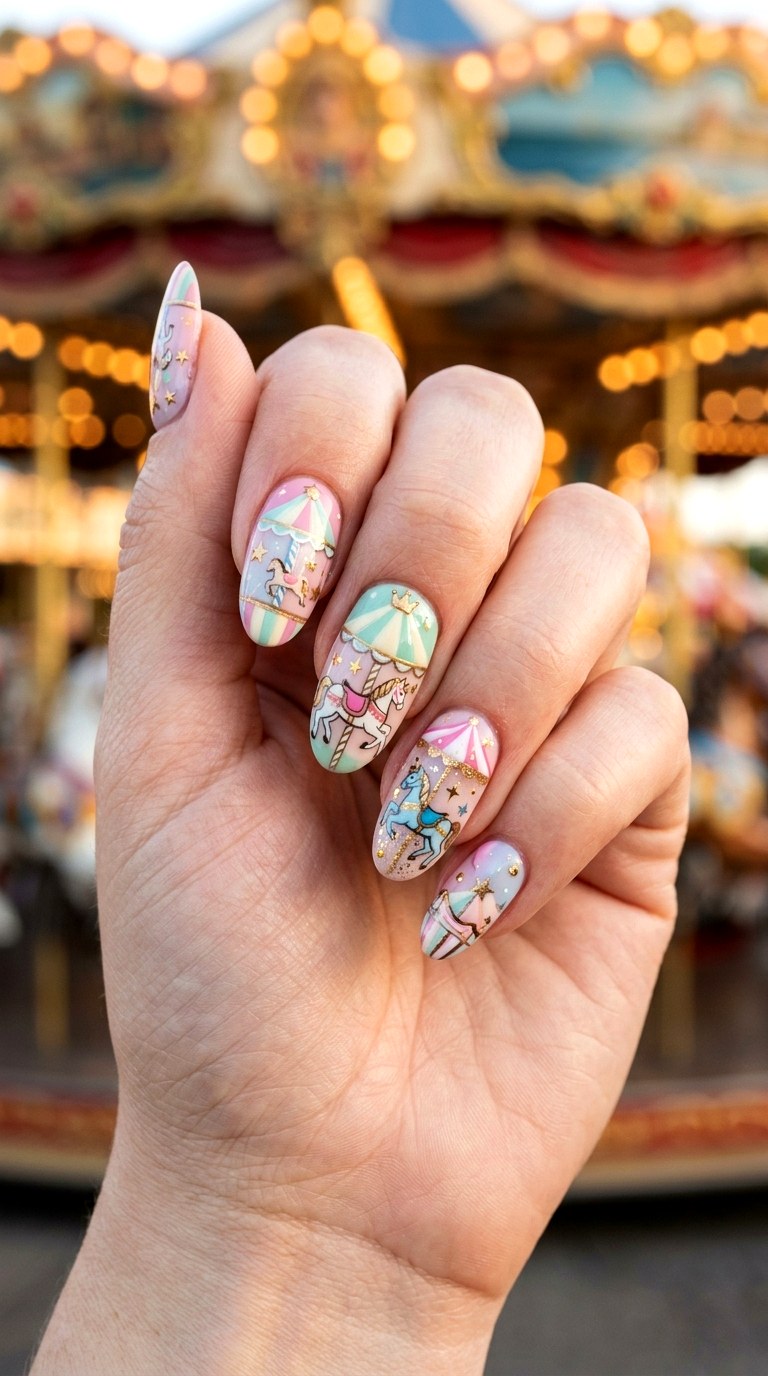 Whimsical Cartoon Carousel Nails - 25 cartoon Park nail ideas