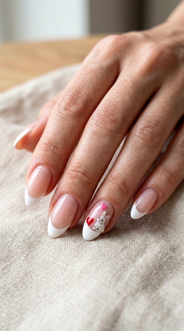 White Bunny Heart French Tips - 25 sweet heart bunny nails idea